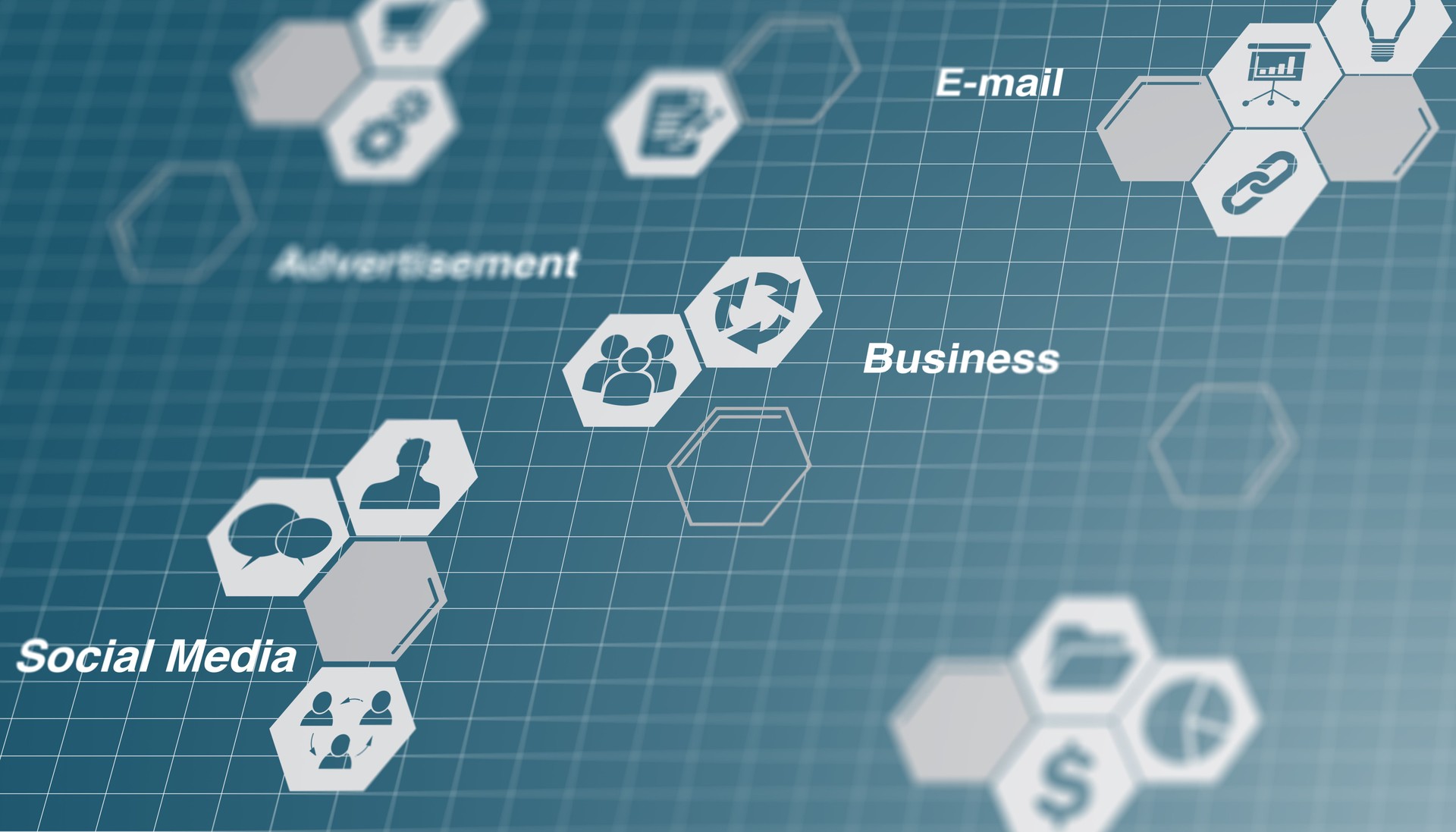 Digital Marketing Concept with Hexagonal Icons for Social Media, Email, and Business Strategies on a Grid Background